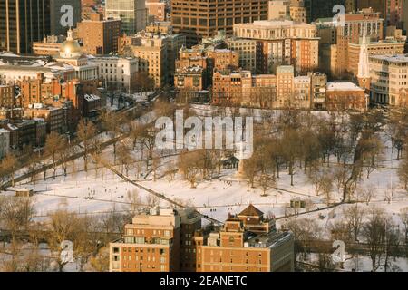 Aerial view of Boston skyline and Boston Common park in Massachusetts, USA at sunset in winter Stock Photo