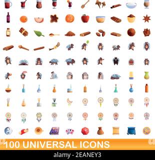 100 universal icons set. Cartoon illustration of 100 universal icons vector set isolated on white background Stock Vector