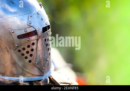 Helmet of a medieval knight. Close up Stock Photo