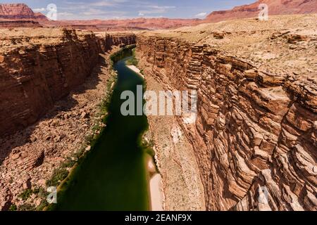 View of the Colorado River from the Glen Canyon Dam Bridge on Highway 89, Arizona, United States of America, North America Stock Photo