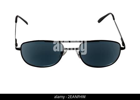 Summer glasses fashion. Close-up of a elegant male black sunglasses isolated on a white background. Macro photograph. Stock Photo