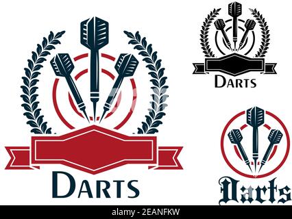 Three Darts sporting emblems or badges with darts on a dart board, two with laurel wreaths and blank ribbon banners and one plain all with text - Dart Stock Vector