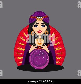 Fortune Teller Woman reads the future from the crystal ball and cards Stock Photo