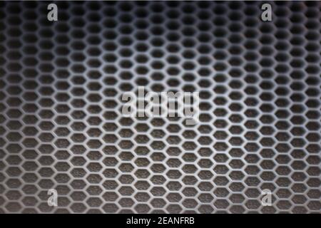 Hexagon Steel grating of loudspeaker , full frame black grid of a speaker texture Stock Photo