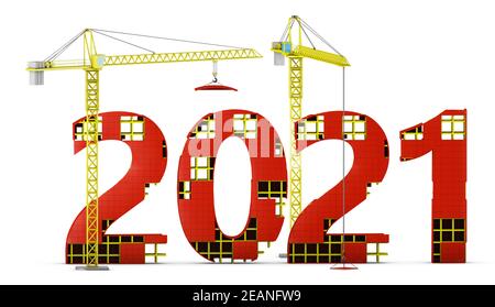 Two tower cranes and figures 2021 Stock Photo