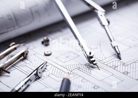 Compass and several drawing tools available in the drawings Stock Photo