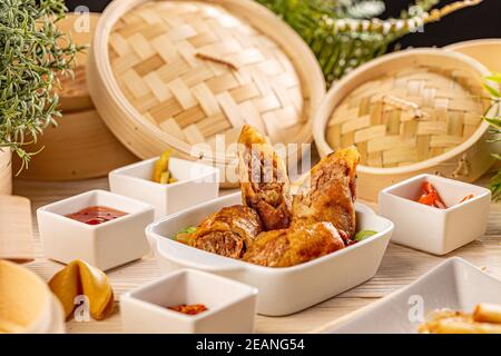 Fried duck spring rolls Stock Photo