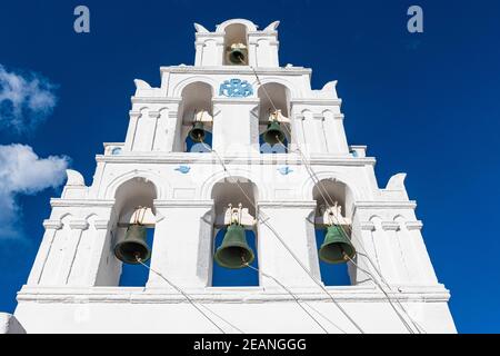 Bell tower, traditional village of Megalochori, Santorini, Cyclades, Greek Islands, Greece, Europe Stock Photo