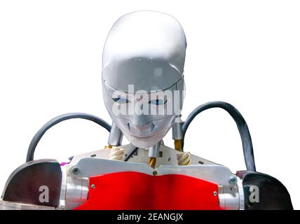 Close-up of humanoid robot head with micro-cameras eyes