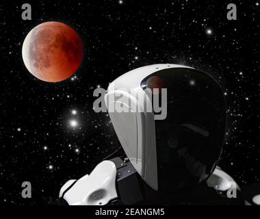 humanoid robot in space with a view of the moon Stock Photo