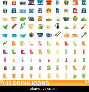 100 drink icons set. Cartoon illustration of 100 drink icons vector set isolated on white background Stock Vector