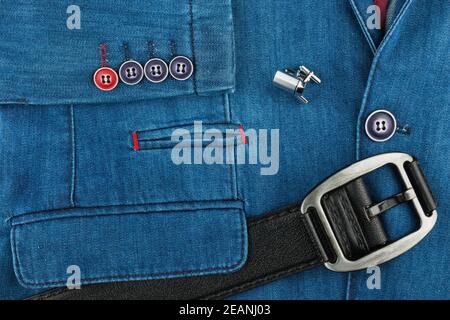 Denim suit, black leather belt and cufflinks Stock Photo