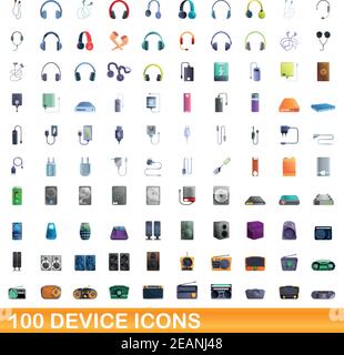 100 device icons set. Cartoon illustration of 100 device icons vector set isolated on white background Stock Vector