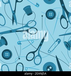 Sewing seamless pattern with safety pin, sewing,  thread, thimble, needle, scissors, button, thread, spool, pin Stock Vector