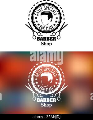 Barber shop emblem or sign in a round frame enclosing a mans head and the words - Daily specials - For man - with scissors below and -Barber Shop, on Stock Vector