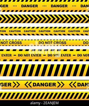 Yellow security warning tapes set with text Caution, Do not cross, Do not enter, Danger. For web, criminal and law design Stock Vector