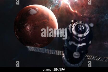 Mars. Inhabited red planet of solar system. The space station is blurred in motion. 3D render Stock Photo