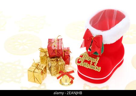 Red Santa's boot with copyspace isolated on white background Stock Photo