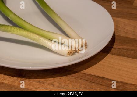 Spring onions laid on a plate Stock Photo