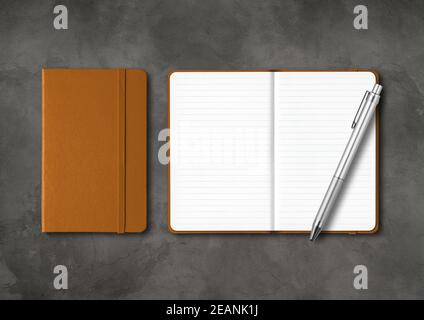 Leather closed and open lined notebooks with a pen on dark concrete background Stock Photo