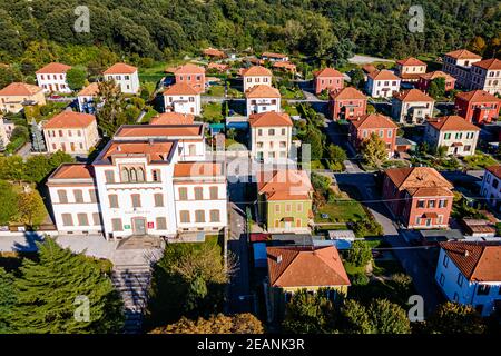 Aerial of the company town of Crespi d'Adda, UNESCO World Heritage Site, Lombardy, Italy, Europe Stock Photo