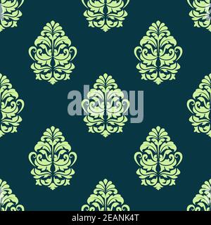 Damask style seamless pattern on dark green with a light green repeat floral motif suitable for wallpaper or fabric design in square format Stock Vector