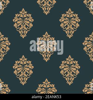 Floral retro vintage ochre seamless pattern on dark olive green colored background, for backdrop, wallpapers and textile ornament Stock Vector