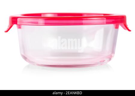 The glass food container with red plastic lid Stock Photo