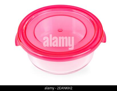 The glass food container with red plastic lid isolated on white background Stock Photo