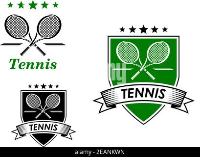 Tennis sporting emblem with rackets, ball and decorative elements isolated on white suitable for sports design Stock Vector