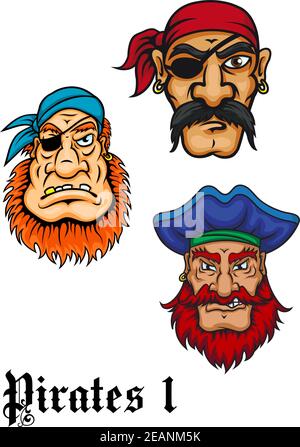 Cartoon brutal captains, sailors and pirates set for piracy or adventures design Stock Vector