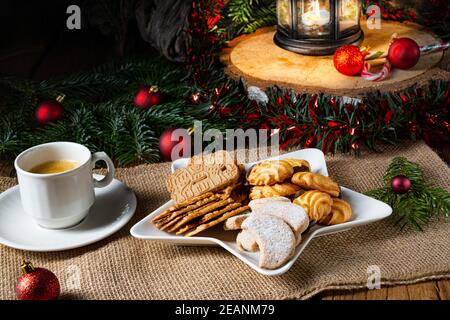 Different types of biscuits with rustic Christmas decorations Stock Photo