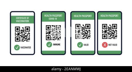 Health passport of vaccination on mobile phone screen with qr-code set Stock Vector