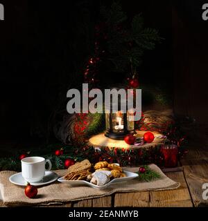 Different types of biscuits with rustic Christmas decorations Stock Photo