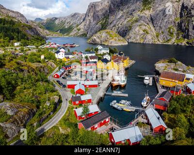 Aerial of the village of Nusfjord, Lofoten, Nordland, Norway, Scandinavia, Europe Stock Photo