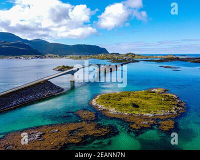 Aerial of Fredvang Bro bridge, Ramberg, Lofoten, Nordland, Norway, Scandinavia, Europe Stock Photo