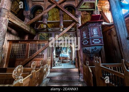 Wall paintings in the Urnes Stave Church, UNESCO World Heritage Site, Lustrafjorden, Norway, Scandinavia, Europe Stock Photo