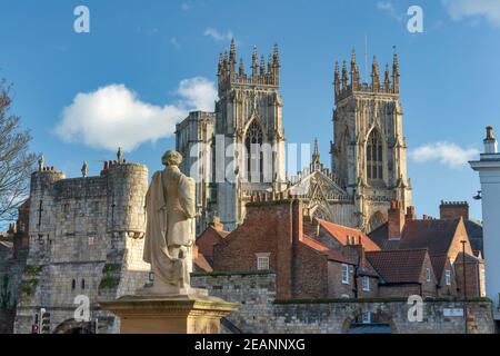 York Minster West Bell Towers and Bootham Bar from St. Leonards Place, York, North Yorkshire, England, United Kingdom, Europe Stock Photo