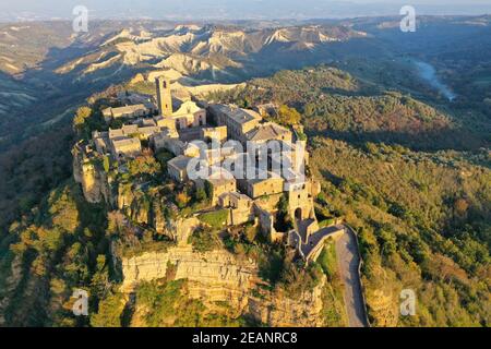 Aerial view by drone of Civita di Bagnoregio village, known as the dying city, Viterbo province, Lazio, Italy, Europe