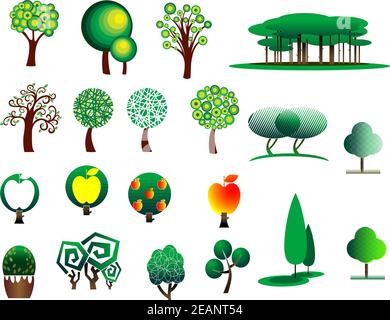 Abstract stylized cartoon style tree icons isolated on white colored background, suitable for ecology, environment and bio design Stock Vector