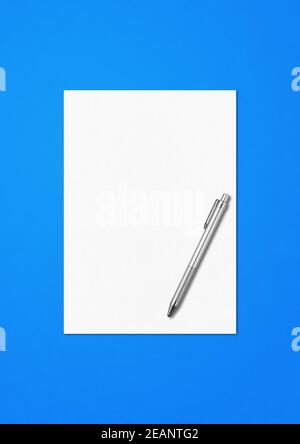 Blank White A4 paper sheet and pen mockup template on blue background Stock Photo