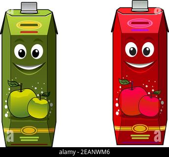 Cartoon apple juice packages character with green and red fruits isolated on white background Stock Vector