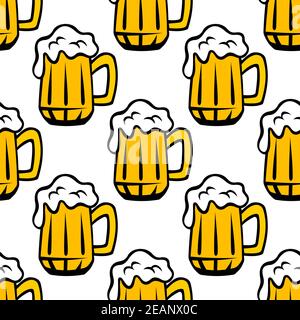 Glass pint tankards of golden frothy beer seamless pattern for pub, oktoberfest and restaurant Stock Vector