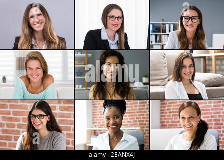 Women Video Conferencing Call Faces Photo Collage Stock Photo