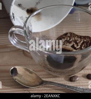 A dirty coffee Cup and saucer and a coffee mug. Stock Photo