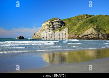 Beautiful New Zealand landscape at Wharariki beach. Stock Photo