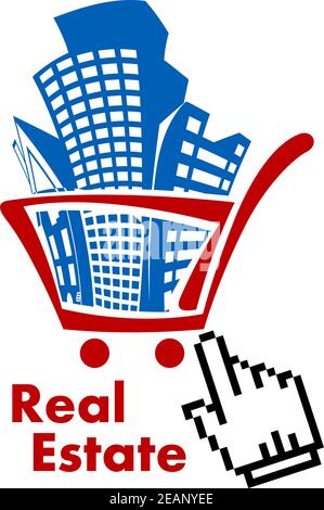 Shopping for real estate with a blue silhouette house, offce block and apartment block in a shopping cart with a hand cursor icon and the text Real Es Stock Vector