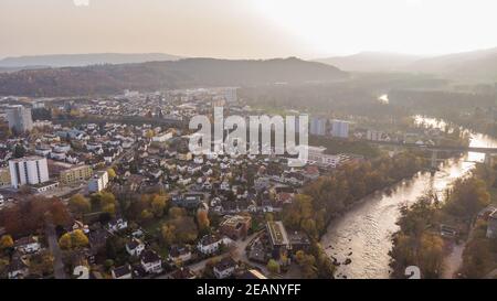 Drone view of cityscape Brugg south-west with Aare river, residential and commercial districts, historic old town and Umiken in canton Aargau in Switz Stock Photo