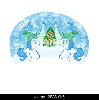 illustration of unicorns with christmas tree - banner Stock Photo