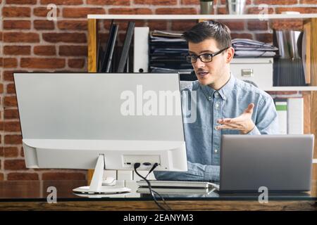 Virtual Personal Assistant Man Making Video Call Stock Photo